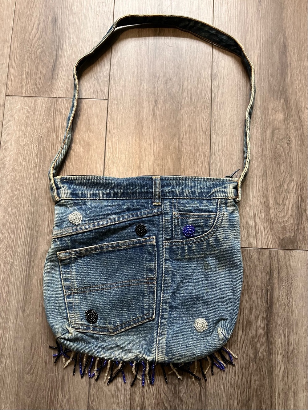 Vintage Upcycled Denim Crossbody Bag Beaded Fringed Boho Y2K